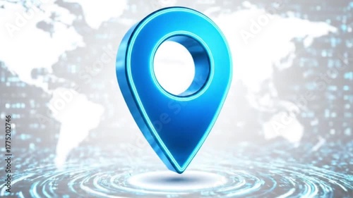 Glowing Neon Location Pin Rotating Over Futuristic White Map Background Animation