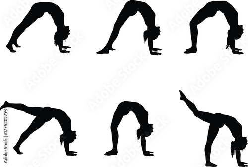 Yoga handstand pose variations, fitness inversion training, balance strength exercise, wellness lifestyle illustration, meditation posture, flat vector