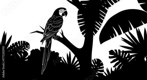 Parrot perched on a branch in tropical foliage