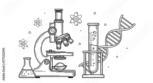 Science laboratory equipment with atoms and DNA