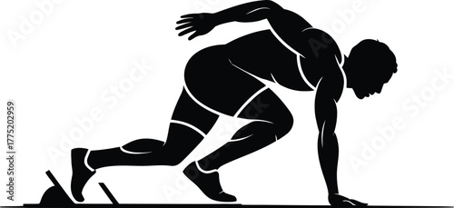 Athlete in starting block silhouette isolated on white background