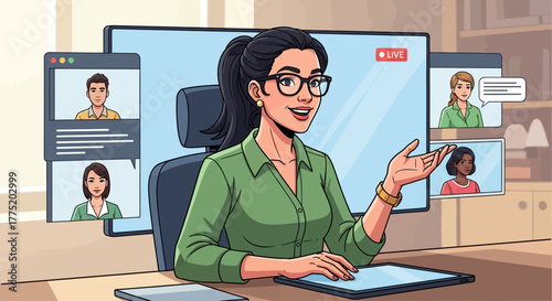 Woman presenting online webinar with audience