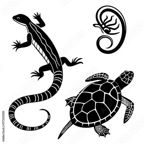 Black and white illustration of a lizard, turtle, and abstract design