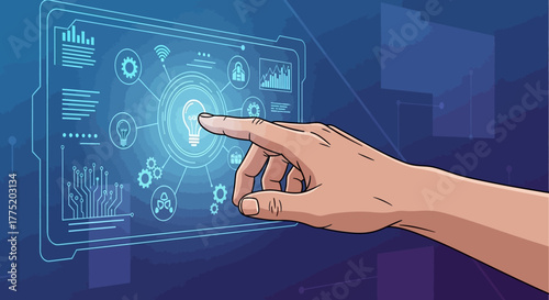 Digital interface with hand pointing at lightbulb