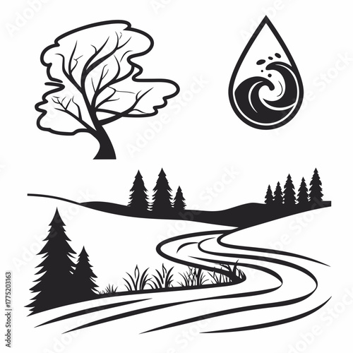Silhouette illustration of nature landscape with tree and river