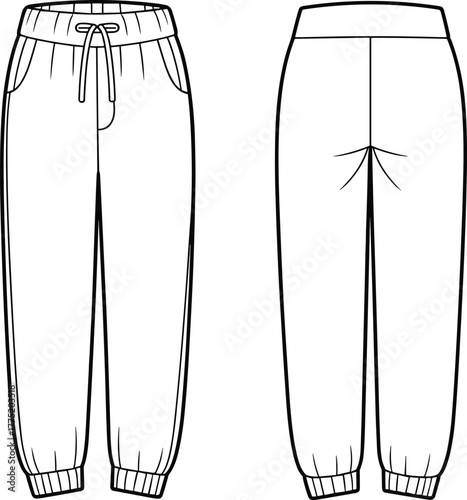 Jogger pants cad, casual track pants drawing, front and back view, flat sketch template, fashion vector, menswear design