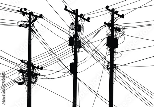 Flat vector utility poles with complex overhead wires, electrical infrastructure illustration, urban power distribution design template