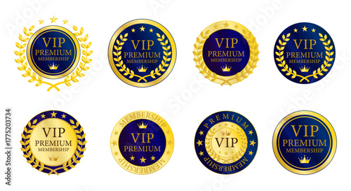 紺色と金のVIPプレミアム会員バッジセット｜重厚なゴールド装飾の高級感あるラベルデザイン（ベクター）