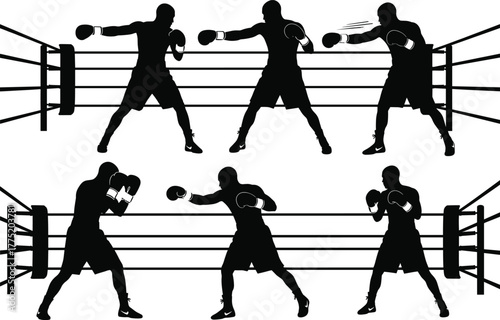 Boxing silhouette in ring, fighter stance, punch action, sports training, martial art, athletic motion, combat pose, black illustration