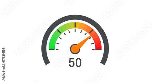 Digital performance gauge icon with needle pointing to a moderate level, depicting data measurement and progress