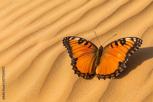 Fototapeta Naklejka Na Ścianę i Meble -  A butterfly resting on a ridged sand dune surface