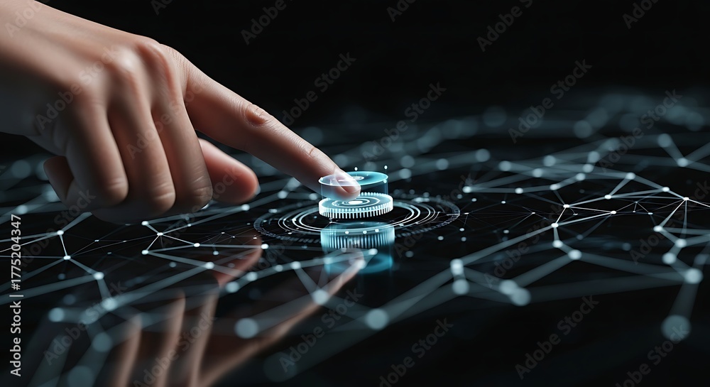 Fototapeta premium Finger Ignites Luminous Blue Nexus on a Reflective Digital Network Interface.