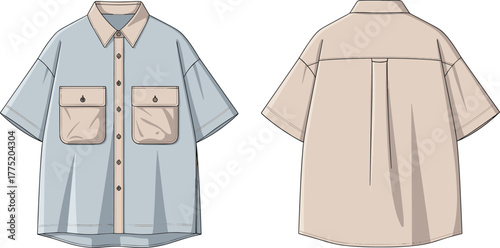 Short sleeve button-up shirt front and back view, patch pockets, box pleat, fashion sketch, cad drawing flat vector illustration