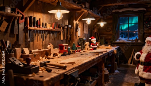 Santas workshop filled with wooden toys and tools, with a view of the aurora borealis outside