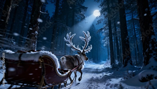 Magical reindeer pulling santas sleigh through a snowy forest at night under the moonlight