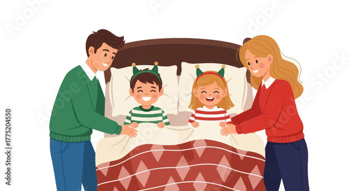Festive family moment Parents tucking children into bed with Christmas cheer