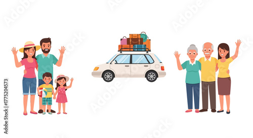 Family traveling on vacation with packed car and waving grandparents