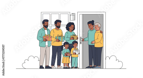 A multi-generational family with kids visits grandparents, bringing gifts. Vector illustration of a happy family reunion and celebration