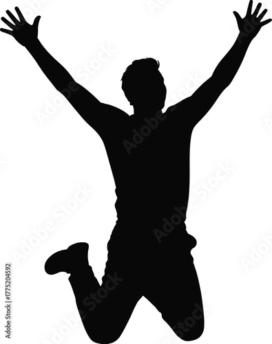 Silhouette of a man jumping with arms raised isolated on white background