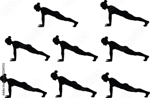 Flat vector plank exercise poses silhouettes, fitness strength training illustration, workout balance posture wellness design set