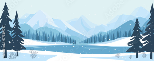 A beautiful winter mountain landscape with a lake and forest in snowy weather. A winter Christmas landscape with beautiful mountains and a lake. Vector illustration of a winter landscape for design.