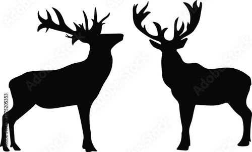 Flat vector deer silhouettes, two bucks with antlers facing each other, wildlife animal illustration design
