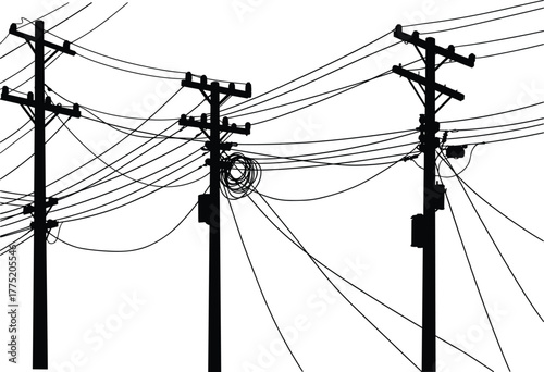 Flat vector utility pole silhouettes with overhead power lines, complex electrical infrastructure, urban energy distribution illustration