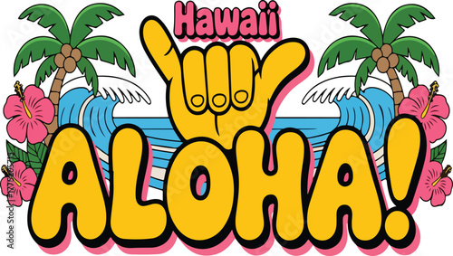 Hawaii aloha scene with hand and flowers 