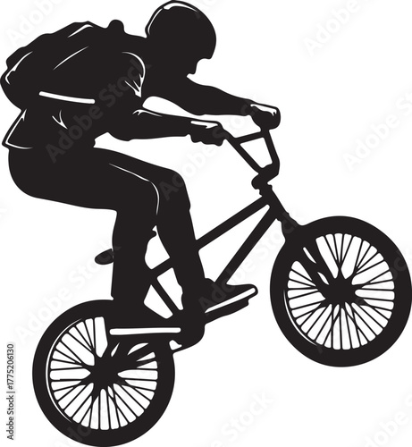 Silhouette of aBMX rider performing a trick on a bicycle with a backpack vector illustration also transparent background