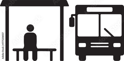 Iconographic representation of a person sitting at a bus stop next to a bus on a white background transportation also transparent background