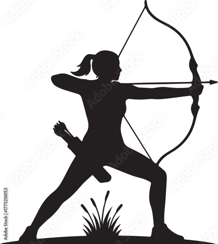 Silhouette of a female archer drawing a bow and arrow with quiver on a white background archery woman also transparent background
