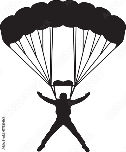Silhouette of a skydiver with open parachute descending against a white background skydiving jump also transparent background