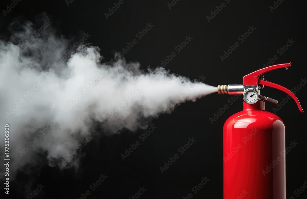 Obraz premium Red fire extinguisher actively sprays thick stream of white smoke. Safety device discharges contents, creating dense cloud against dark background. Essential equipment provides immediate fire