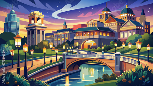 Very beautiful view of Brush Creek flowing through Country Club Plaza in Kansas City, Missouri, United States, with elegant bridges, reflections of city lights, and Spanish-inspired architecture at du