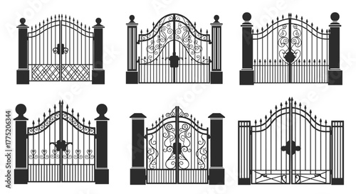 Collection of six black wrought iron gates with decorative designs and supporting posts.