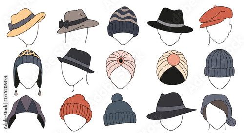 A collection of diverse headwear, including hats and beanies, for various styles and occasions.