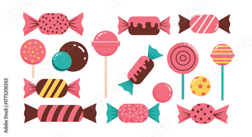 A colorful assortment of candies and lollipops on a white background, perfect for sweet celebrations.