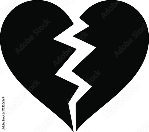 Black broken heart silhouette isolated on white background