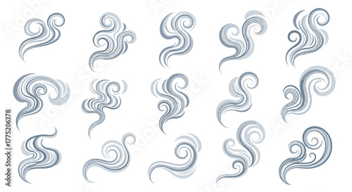 Set of fifteen stylized illustrations of swirling gray smoke wisps against a white background.