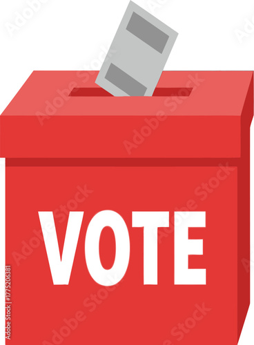 A red ballot box with the word vote on it and a ballot being inserted into the top isolated on white background it symbolizes democracy and civic participation