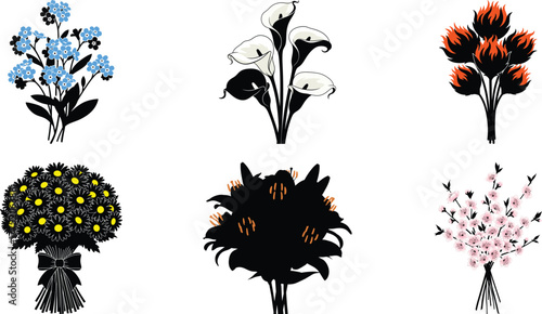 Collection of six stylized floral arrangements in different colors and silhouettes on white background