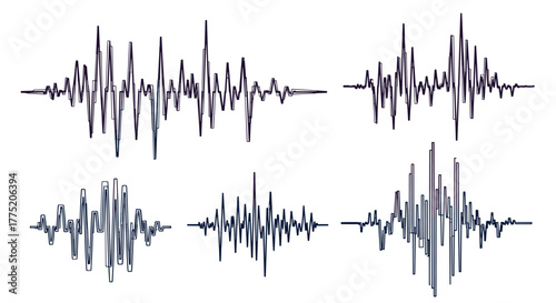 Abstract graphic representations of seismic waves or audio waveforms displayed on a white background.
