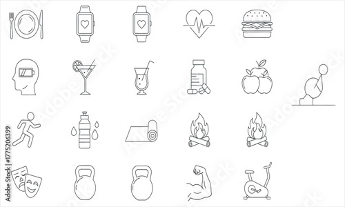 Dynamic collection of outline icons for wellness, fitness, and healthy living, featuring active lifestyles, nutritious food, and mindful habits for modern designs