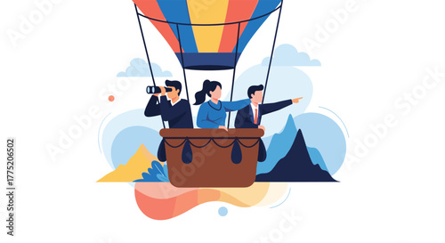 Three professionals in a hot air balloon looking out at the horizon for new opportunities.