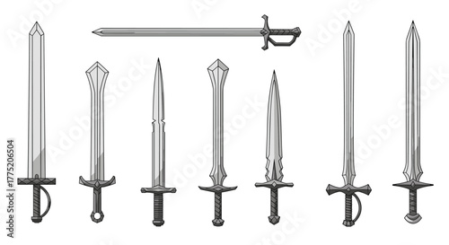 A collection of diverse medieval and fantasy swords, displayed in a row against a white background.