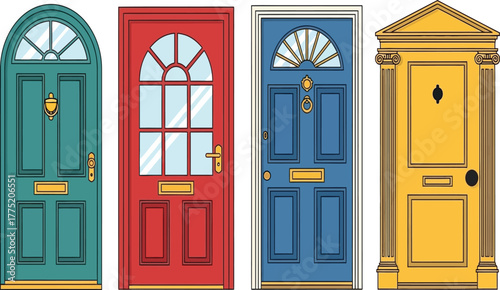 Four colorful doors in different styles, including arched and paneled designs, each with unique hardware isolated on white background