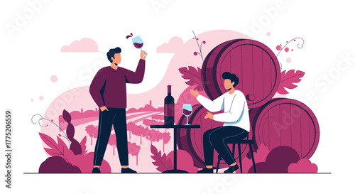 Two men enjoying wine tasting in a vineyard with wine barrels nearby.