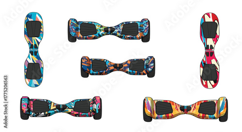 Collection of six colorful hoverboards with abstract graffiti-style designs on a white background.