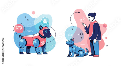 Illustration of robotic dogs and a person interacting with technology, symbolizing artificial intelligence and pet care.
