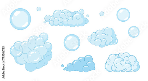 Collection of blue soap bubbles and foam clusters floating on a white background.